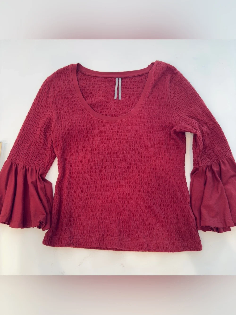 Anthropologie Wine Red Smocked Bell Sleeve Scoop Neck Top Size M